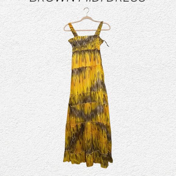 Chaudry K Women's Yellow & Brown Fully lined Midi Dress Size Medium - Picture 1 of 9
